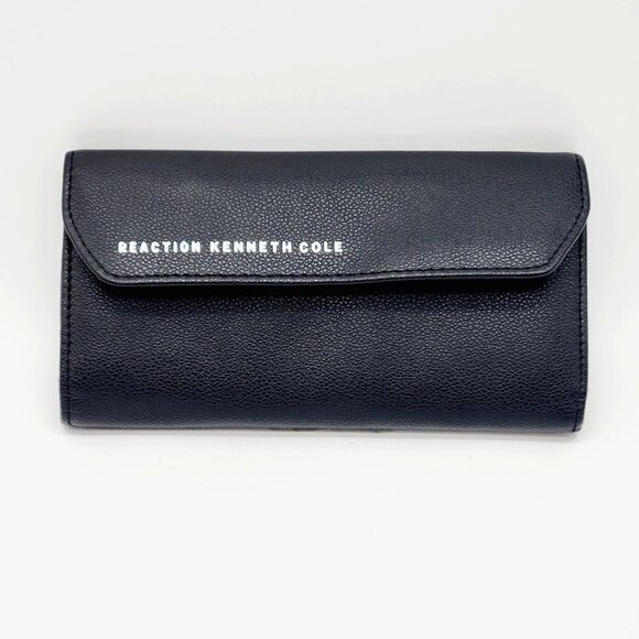 Kenneth Cole Reaction Wallet Black Clutch Trifold Vegan Leather Snap Inside Zip - Picture 1 of 8